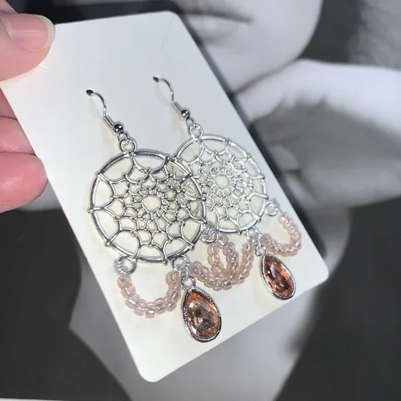 Pink Tear Drop Dangling From Dream Catcher Tibetan Boho Chandelier Style Earring - Picture 7 of 16